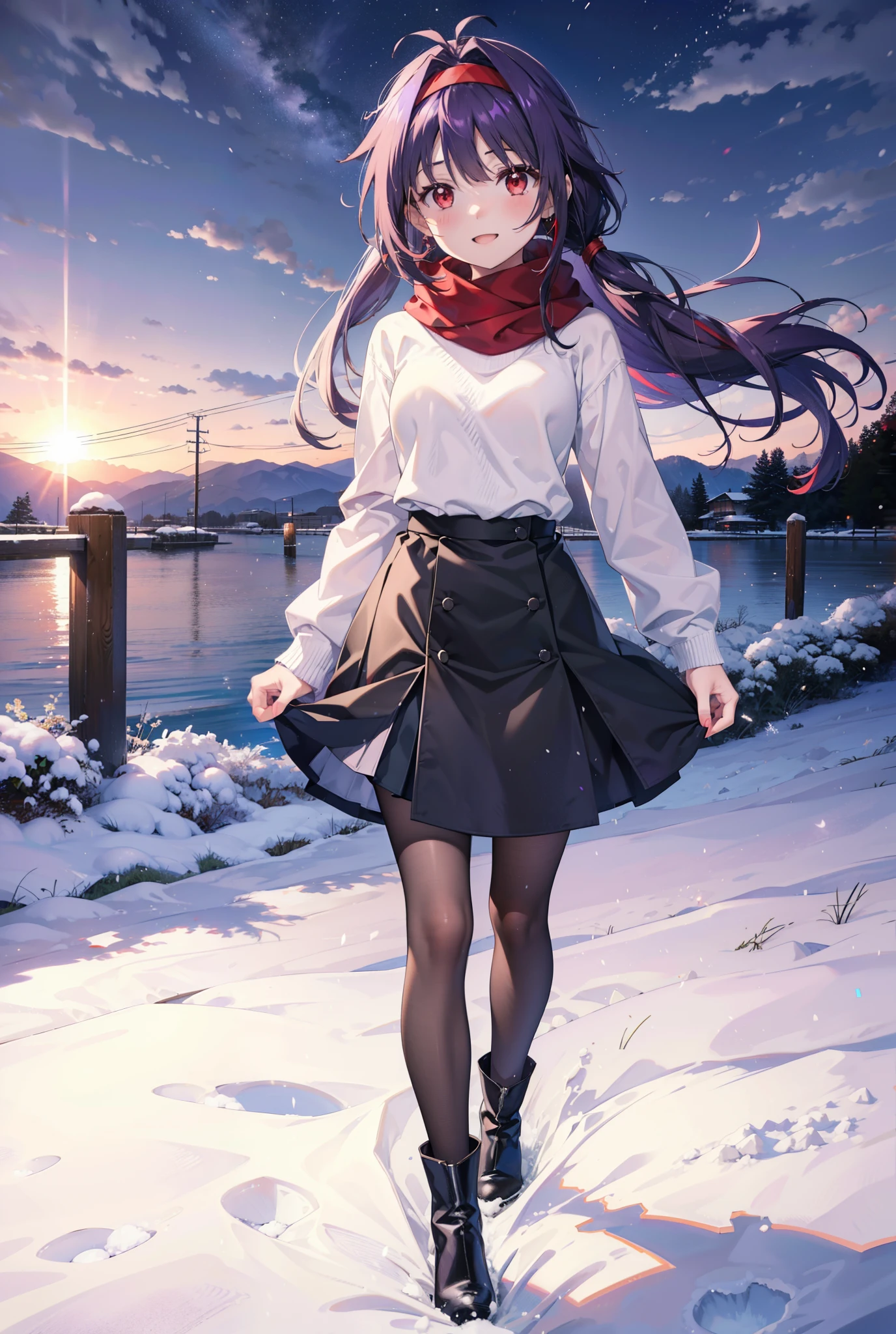 yuukikonno, Konno Yuuki, Long Hair, Pointed Ears, Purple Hair, (Red eyes:1.5), (Small breasts:1.2), Open your mouth,happy smile, smile, Open your mouth,hair band,low twin tail,Red Scarf,Oversized purple sweater,Black pantyhose,Long skirt,short boots,Holding a paper cup of coffee in both hands,Walking,snowが降っている,snowが降り積もっている,snow,snow,snow,snow,snowが積もった木,winter,Cold Sky,night,whole bodyがイラストに入るように,
break looking at viewer,  whole body,
break outdoors, garden,
break (masterpiece:1.2), Highest quality, High resolution, unity 8k wallpaper, (figure:0.8), (Beautiful attention to detail:1.6), Highly detailed face, Perfect lighting, Highly detailed CG, (Perfect hands, Perfect Anatomy),