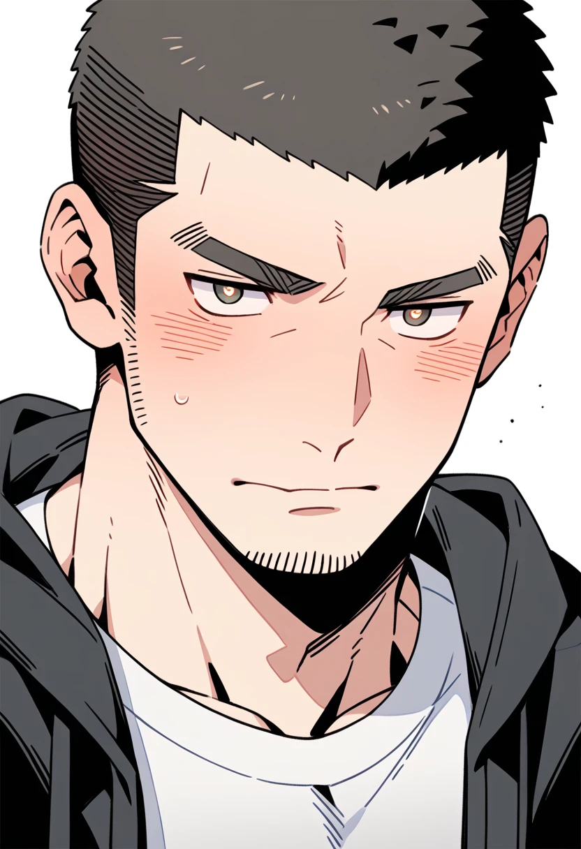anime characters:Priapus, Muscle Sports Student, Buzz Cut, Manliness, male focus, Sports tight hooded sweatshirt, Very tight, full and perky chest muscles, muscular male, muscular, only, Upper body, alone, Black short hair, Thick eyebrows, stubble, Brown-red pupils, White background, simple background, amazing quality, best aesthetics, Ridiculous, crew cut, blush, A bright rose in the mouth, embarrassed, shy, endured face, negative space, best quality