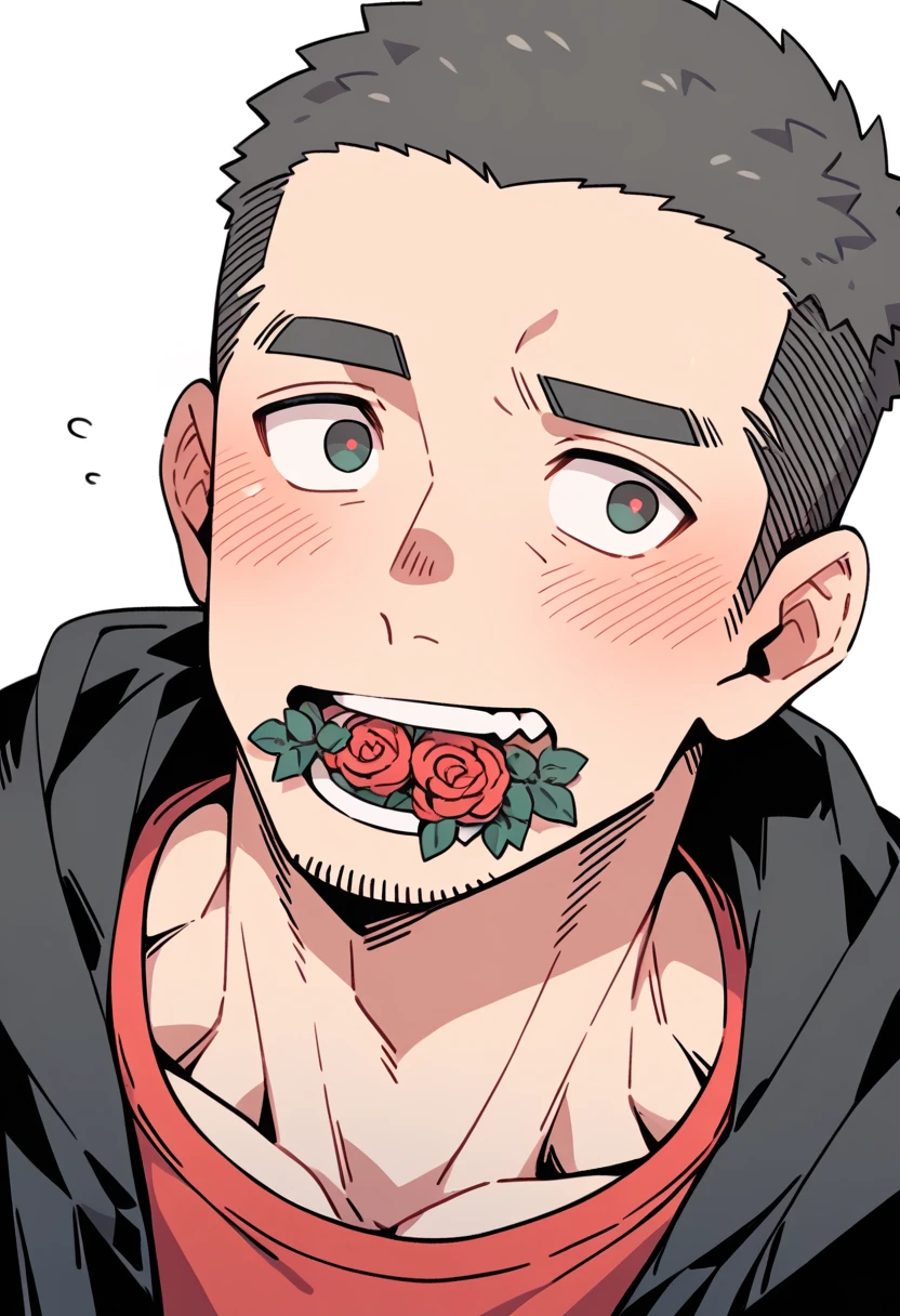 anime characters：Priapus, Muscle Sports Student, Buzz Cut, Manliness, male focus, Sports tight hooded sweatshirt, Very tight, full and perky chest muscles, muscular male, muscular, only, Upper body, alone, Black short hair, Thick eyebrows, stubble, Brown-red pupils, White background, simple background, amazing quality, best aesthetics, Ridiculous, crew cut, blush, A bright rose in the mouth, embarrassed, shy, endured face, negative space, best quality