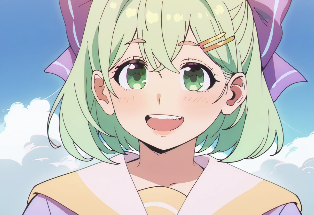 score_9, score_8_up, score_7_up, 1girl, short green hair, green eyes, purple bow headdress, hair clip, purple and yellow sailor collar, sailor suit, nerdy hairstyle. Green bow girl with crossed bangs. Short hair, close-up, bust, facial close-up, Akimbo, female.laugh，***********