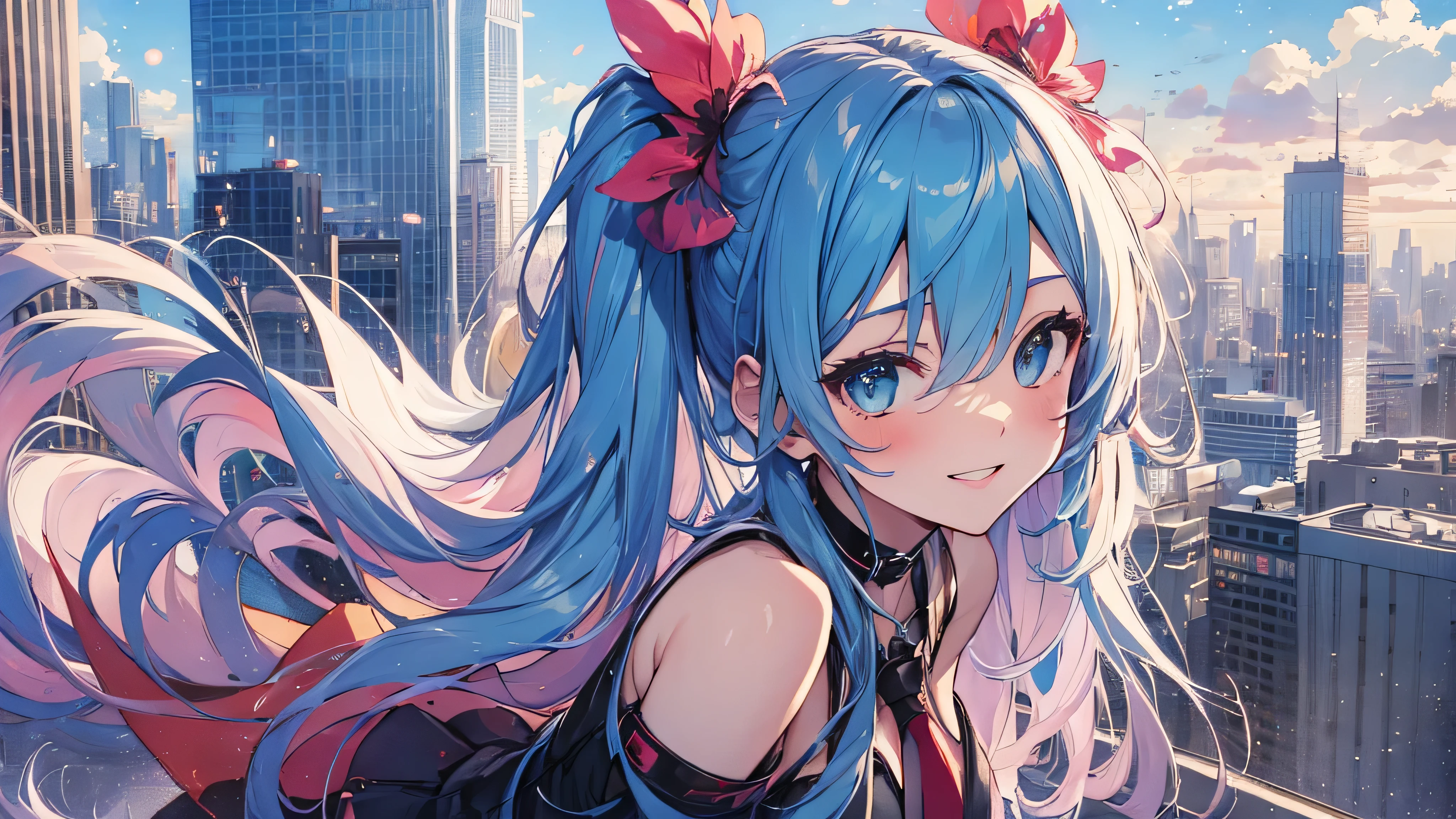 soles, masterpiece, Hatsune Miku, 1 person, solo, hair inhalation, face up, blue sky, glow white particle, (sidelighting:1.2), sun rise , pink cloud, detailed clouds, slender, Lovely small exposed breasts, super cute smile with teeth, red cheek, blushing, beautiful green hair, magic light, deep shiny blue eyes, cute girly pause, Draw your breasts inward and push them up, choker, black see-through blouse with green tie, blue skirt , white belt, black long grove,on the roof of building, super detailed beautiful city view background, wide shot, give wink, giving peace sign