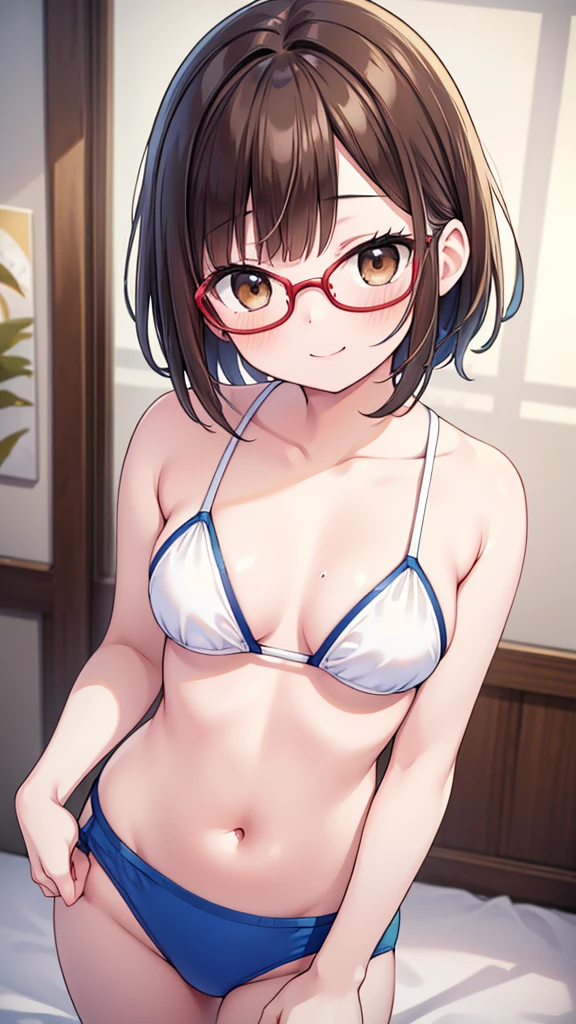 Comical movement、nichijo style、cute、smile、mischief、Expectations、surprise、Shyness、Ocean、blue sky、Daytime、cute女の子 , Shooting from below, One Girl, Brown Hair、Very short hairstyle, Brown eyes、Red frame glasses、White Bikini,Highest quality, 4K, 8k, High resolution, masterpiece:1.2, Very detailed, Realistic, photoRealistic, photo-Realistic:1.37, High resolution, 超High resolution, Studio Lighting, Ultra-fine painting, Sharp focus, Physically Based Rendering, Very detailed説明, Professional, Vibrant colors, Bokeh