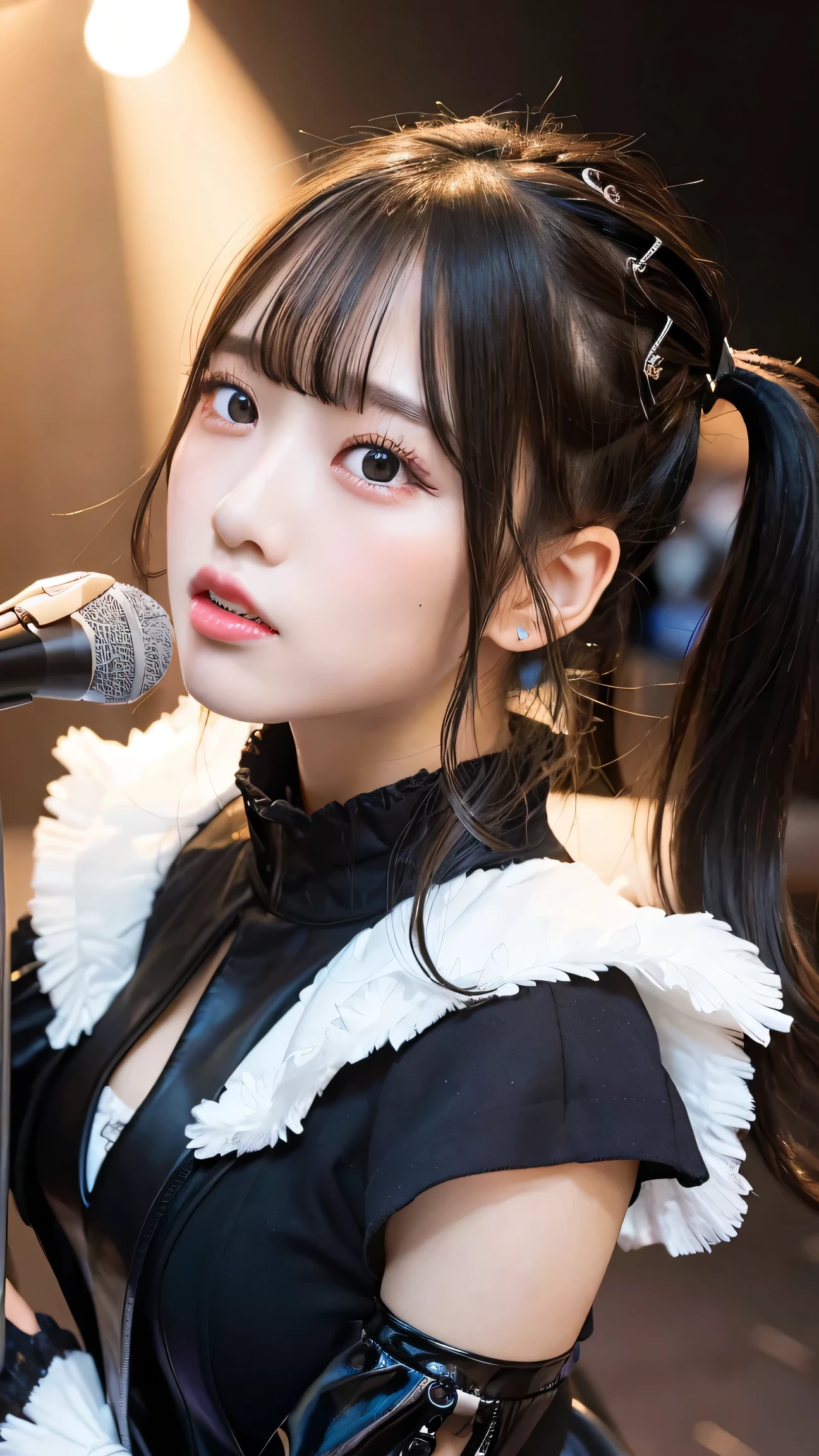 best quality, masterpiece, 1girl, twintails, black hair, wearing stage outfit, stage, singing, close up, spotlight