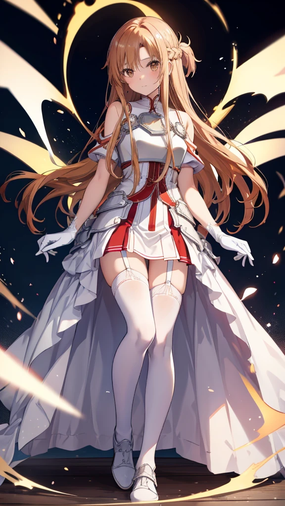 白いdressと赤いストッキングを着た女性が岩の上に座っている、Yuuki Asuna, Beautiful woman in anime style, Highest quality, Perfect Anatomy, Super detailed, One girl, alone, chest, An athletic body, Good move, Good legs, Knees are good, Night Sky, performer, Long Hair, medium chest, View your viewers, Happy, bangs, Brown Hair, Knee socks, gloves, dress, chestの谷間, Exposing shoulders, Brown eyes, very Long Hair, Crossing your legs, white gloves, white dress, armor, white Knee socks, Garter Straps, white armor,