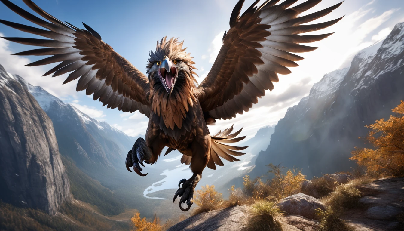 Realistic photos, RAW Photos, Griffon, attacks viewer, Powerful movements, jump on prey, ((Dynamic jump)), Sharp Claws, Griffon approaching from above, sudden approach, Bad-tempered, dynamic Shot from grand