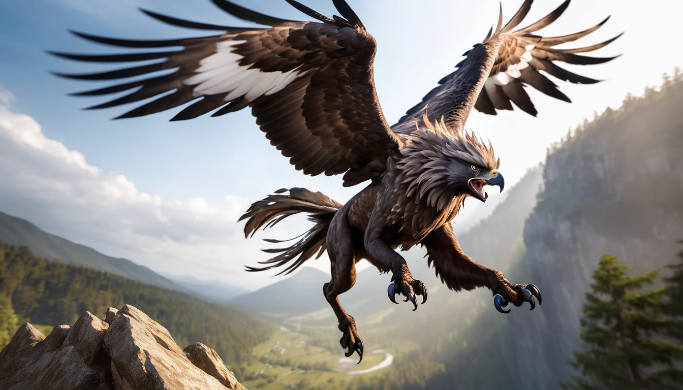 Realistic photos, RAW Photos, Griffon, attacks viewer, Powerful movements, jump on prey, ((Dynamic jump)), Sharp Claws, Griffon approaching from above, sudden approach, Bad-tempered, dynamic Shot from grand