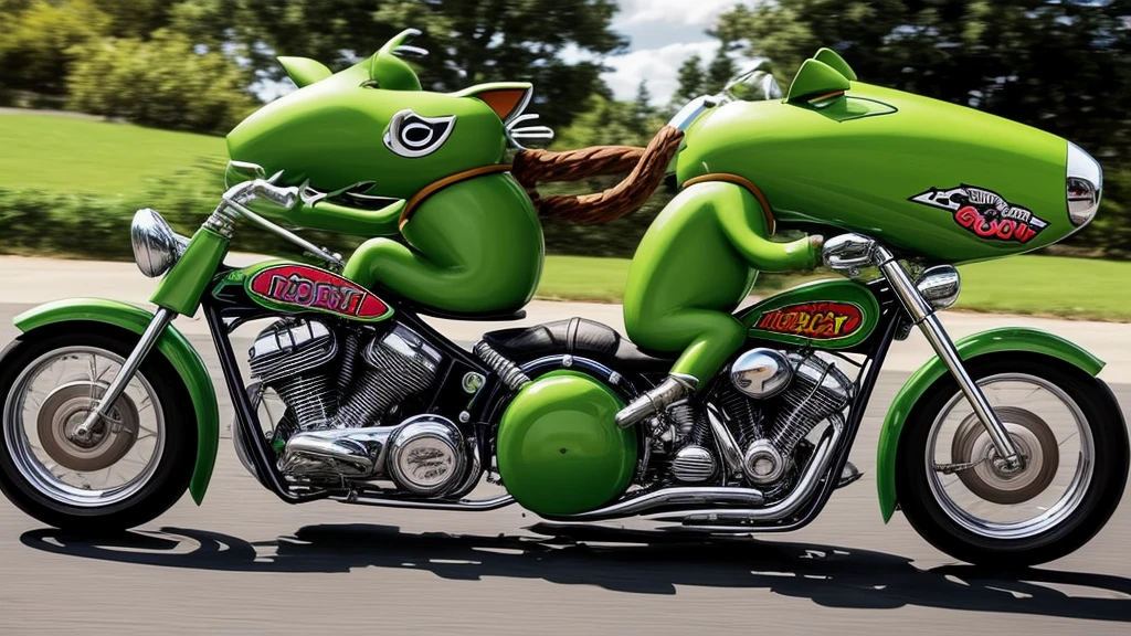 cartoon of a cat riding a motorcycle, by Ed Roth, rat fink style, ratfink, frank kozik
