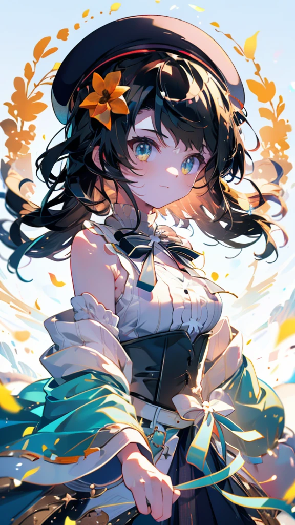 (Ultra-high resolution,masterpiece, Attention to detail, Highest quality), 8k,(aalamy, long hair, streaked hair, ahoge, braid, beret, white headwear, hair flower, blue bowtie, cleavage, clothing cutout, white shirt, off shoulder, sleeveless, black corset, blue coat, snowflake print, fur-trimmed coat, open clothes, white thighhighs, brown belt, blue skirt),(Blessed,Captivating body、Ultra-detailed skin、Super beautiful eyes、Detailed Background),One girl、 (enjoy :1.5),