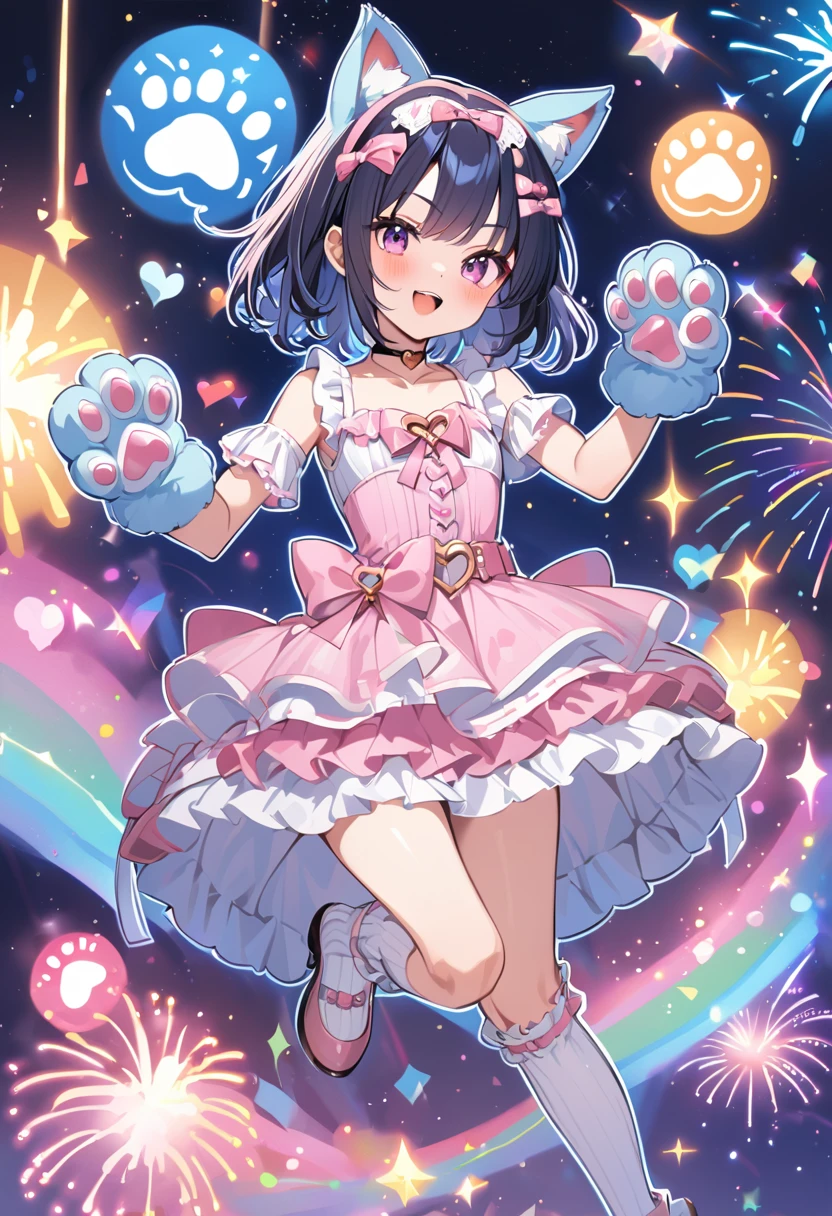 (masterpiece, best quality:1.1),(1girl,japanese,tween,cat-ear headband,((Paw shaped Gloves)),detailed paw gloves,claw pose,BREAK (darkblue hair,wavy-short hair),parallel eyebrows,eyes with large irises, fresh lips, very happy, BREAK (walking on rainbow over the night sky), rainbow and fireworks art, various fireworks and rainbow symbols, (blue outline), fantasy, BREAK (wearing pink babydoll fashion,heart belt choker blouse,ruffle skirt,millefeuille lace high-socks,pumps),