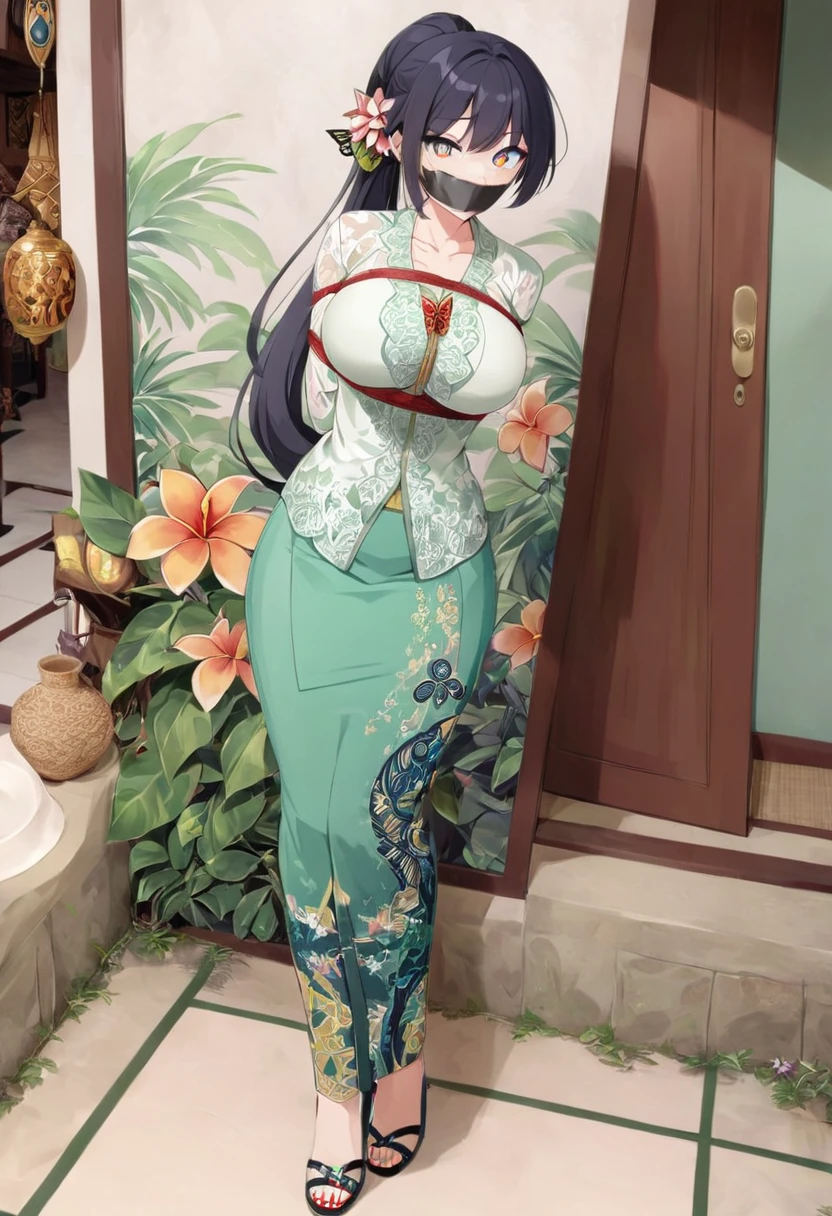 score_9, score_8_up, source_anime, 1girl, solo,The photo features a woman standing in traditional decorations. She is wearing traditional attire consisting of a light green kebaya with lace trim and a long green skirt with batik or butterfly patterns. The woman is also wearing white high-heeled sandals, and there is a frangipani flower tucked behind her left ear. The surrounding environment has ornate decorations, likely from Bali or Java. , (bound wirsts), (arms behind back), (tapegag, tape gag), dramatic,  (looking at viewer), (detailed pupils:1.3),pencil skirt ,red rope, thick rope,big breast,long hair,black hair,ponytail hair, flower ornament in ear 