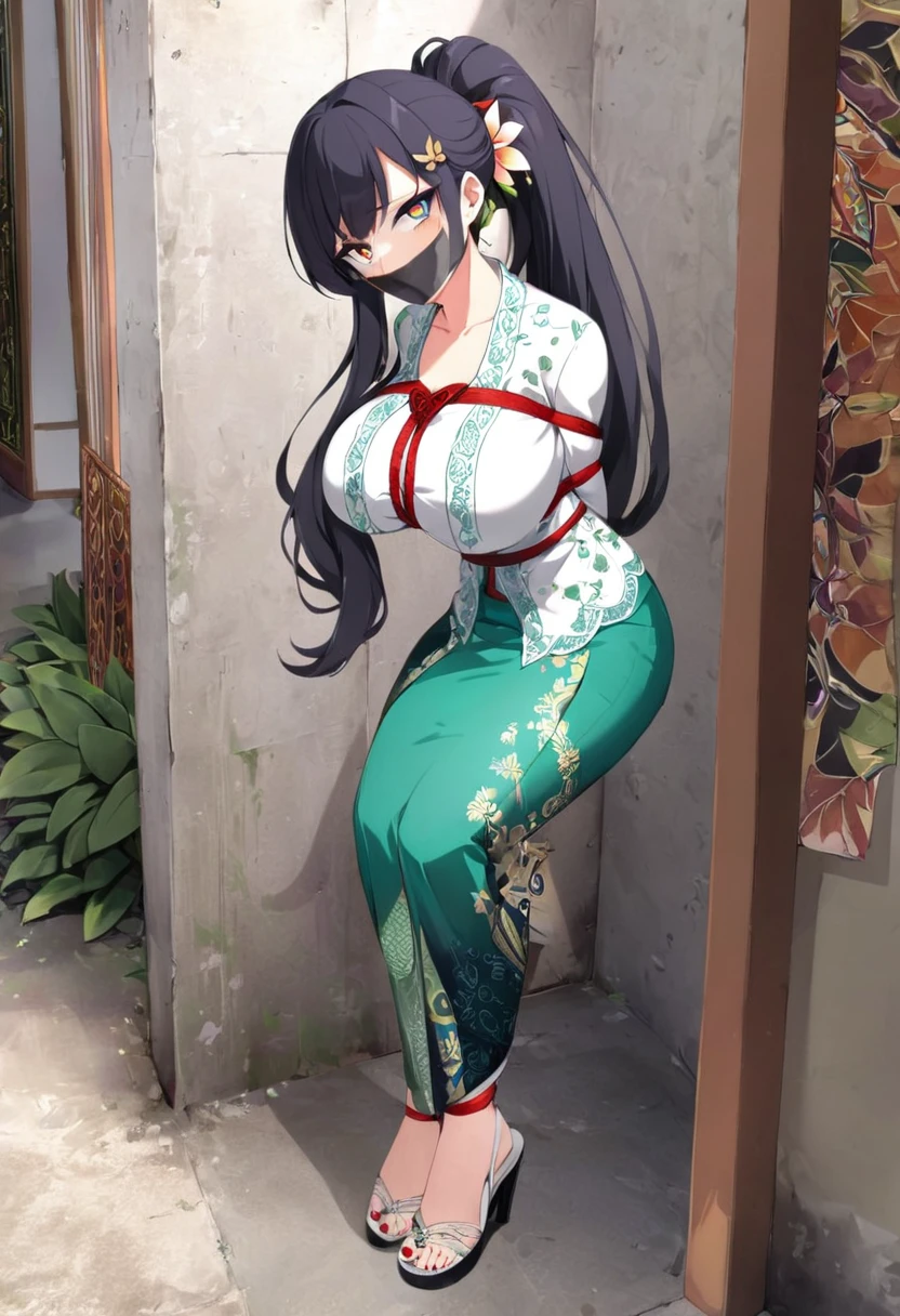 score_9, score_8_up, source_anime, 1girl, solo,The photo features a woman standing in traditional decorations. She is wearing traditional attire consisting of a light green kebaya with lace trim and a long green skirt with batik or butterfly patterns. The woman is also wearing white high-heeled sandals, and there is a frangipani flower tucked behind her left ear. The surrounding environment has ornate decorations, likely from Bali or Java. , (bound wirsts), (arms behind back), (tapegag, tape gag), dramatic,  (looking at viewer), (detailed pupils:1.3),pencil skirt ,red rope, thick rope,big breast,long hair,black hair,ponytail hair, flower ornament in ear 