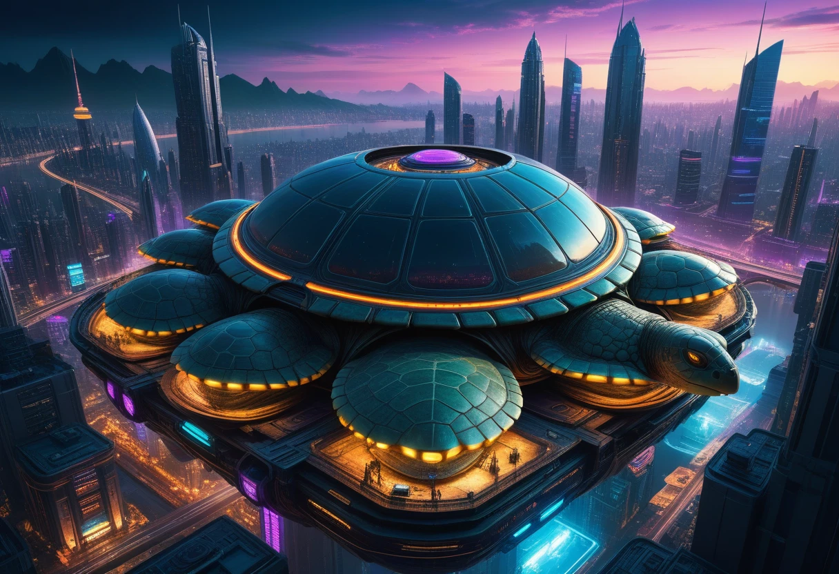 a city built on top of a giant turtle's shell, highly detailed, intricate architecture, futuristic sci-fi cyberpunk style, glowing neon lights, floating platforms, advanced technology, flying vehicles, alien-like creatures, otherworldly landscape, dramatic lighting, cinematic composition, photorealistic, 8k, hyper detailed