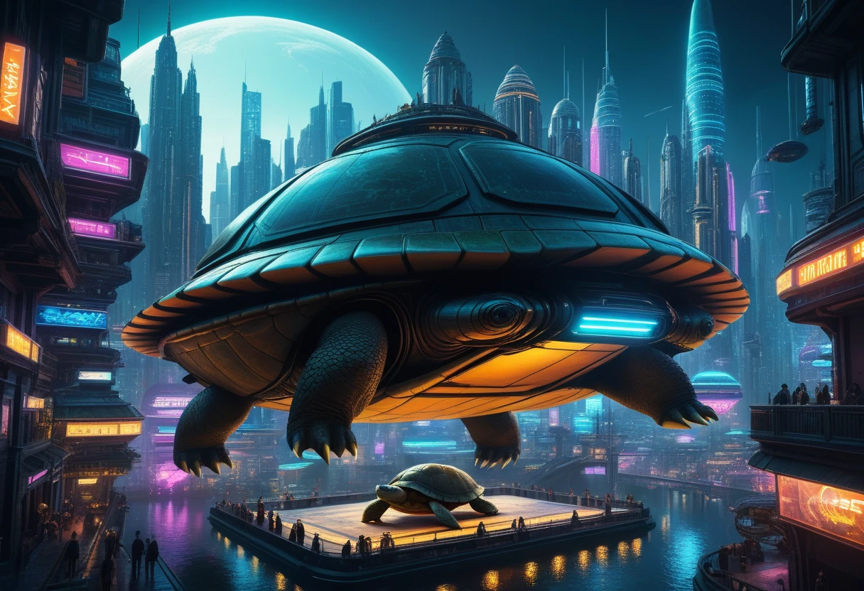 a city built on top of a giant turtle's shell, highly detailed, intricate architecture, futuristic sci-fi cyberpunk style, glowing neon lights, floating platforms, advanced technology, flying vehicles, alien-like creatures, otherworldly landscape, dramatic lighting, cinematic composition, photorealistic, 8k, hyper detailed