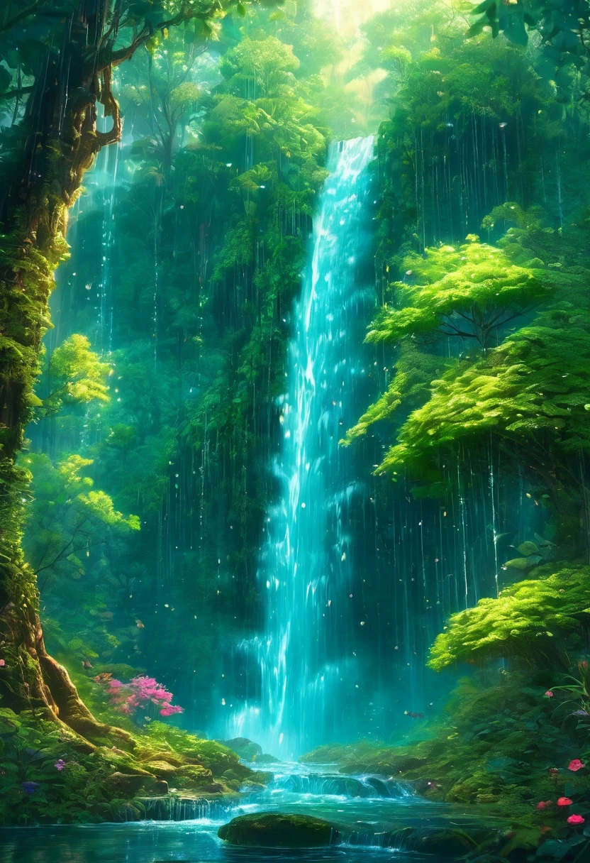 The waterfall pouring down in the forest is like a fairyland. A beautiful artistic illustration, Nature Original, Forest magic, fantasy art, Digital 2D fantasy art, Anime Fantasy Illustration, Beautiful digital art work, fantasy numbers, Digital Fantasy Illustration, Beautiful illustration, detailed Digital 2D fantasy art, nature. 4k, UHD, Rain