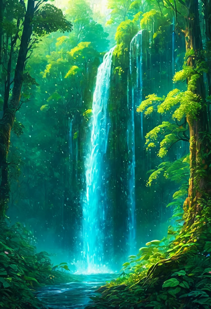 The waterfall pouring down in the forest is like a fairyland. A beautiful artistic illustration, Nature Original, Forest magic, fantasy art, Digital 2D fantasy art, Anime Fantasy Illustration, Beautiful digital art work, fantasy numbers, Digital Fantasy Illustration, Beautiful illustration, detailed Digital 2D fantasy art, nature. 4k, UHD, Rain