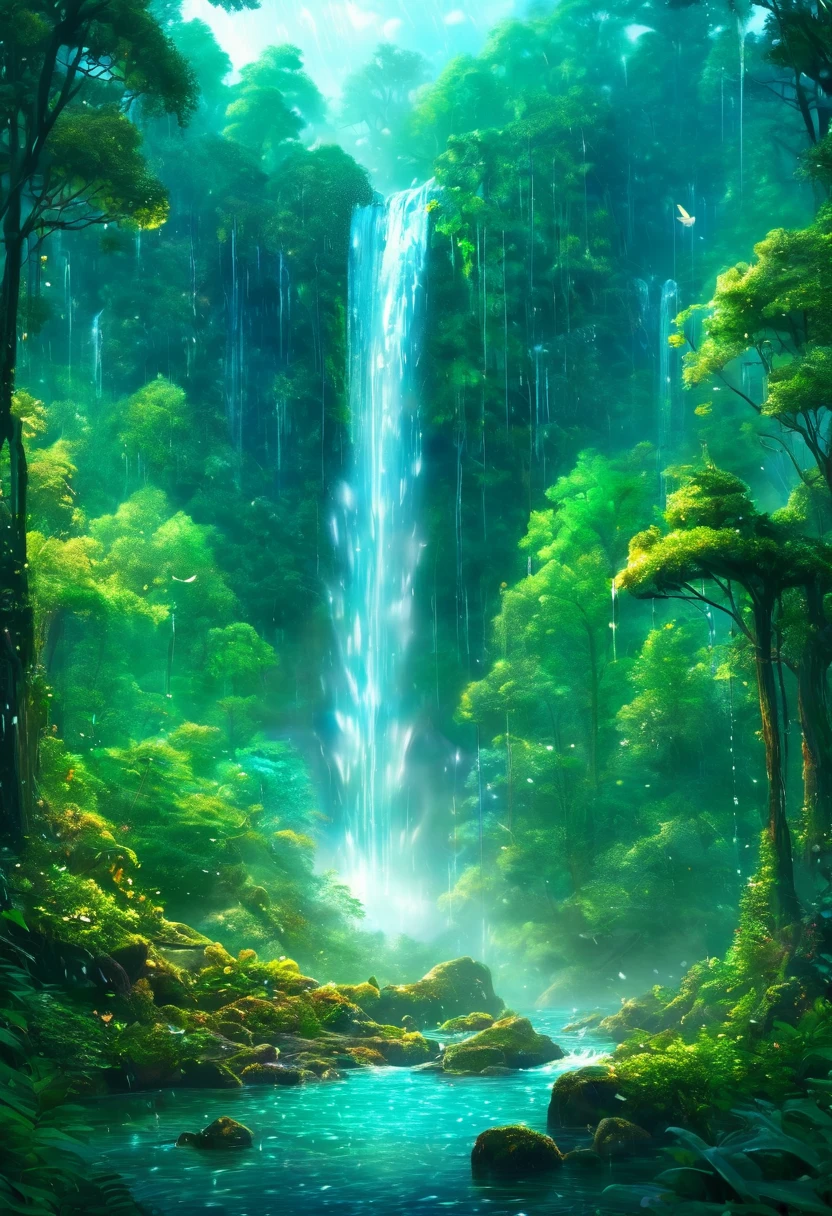 The waterfall pouring down in the forest is like a fairyland. A beautiful artistic illustration, Nature Original, Forest magic, fantasy art, Digital 2D fantasy art, Anime Fantasy Illustration, Beautiful digital art work, fantasy numbers, Digital Fantasy Illustration, Beautiful illustration, detailed Digital 2D fantasy art, nature. 4k, UHD, Rain