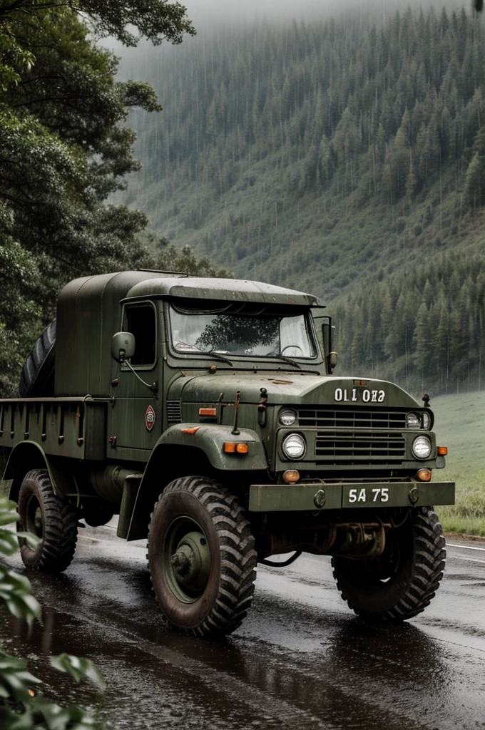 Old military truck drive on Old road with rain