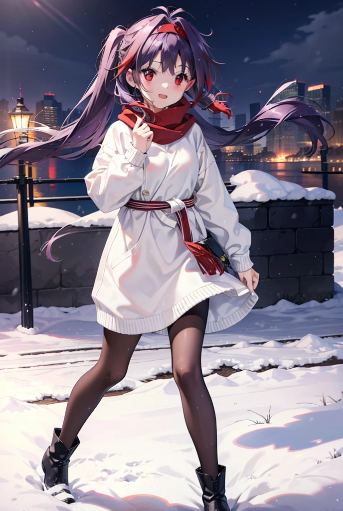 yuukikonno, Konno Yuuki, Long Hair, Pointed Ears, Purple Hair, (Red eyes:1.5), (Small breasts:1.2), Open your mouth,happy smile, smile, Open your mouth,hair band,low twin tail,Red Scarf,Oversized purple sweater,Black pantyhose,Long skirt,short boots,Holding a paper cup of coffee in both hands,Walking,snowが降っている,snowが降り積もっている,snow,snow,snow,snow,snowが積もった木,winter,Cold Sky,night,whole bodyがイラストに入るように,
break looking at viewer,  whole body,
break outdoors, Building district,
break (masterpiece:1.2), Highest quality, High resolution, unity 8k wallpaper, (figure:0.8), (Beautiful attention to detail:1.6), Highly detailed face, Perfect lighting, Highly detailed CG, (Perfect hands, Perfect Anatomy),