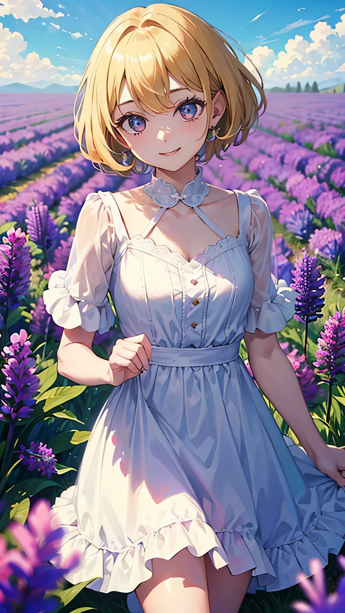 (masterpiece, best quality:1.3), 1 girl, solo, ager,(top quality eyes:1.3),An 18-year-old girl with short pixie-cut ash hair and cyaan eyes, wearing a simple white dress, smiling in a vibrant lavender field with bright blue skies,