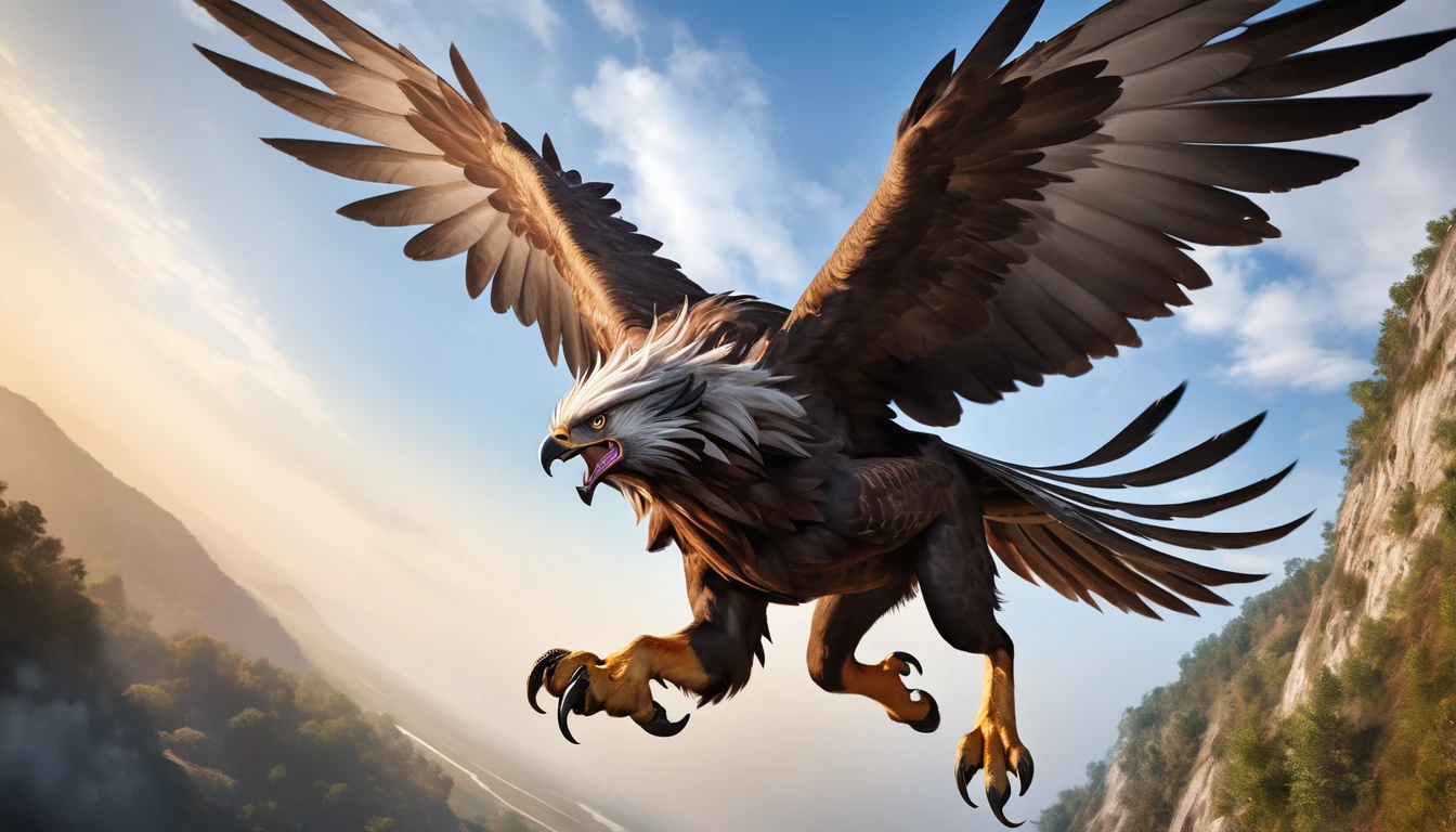 Realistic photos, RAW Photos, Griffon, attacks viewer, Powerful movements, jump on prey, ((Dynamic jump)), Sharp Claws, Griffon approaching from above, sudden approach, Bad-tempered, dynamic Shot from grand
