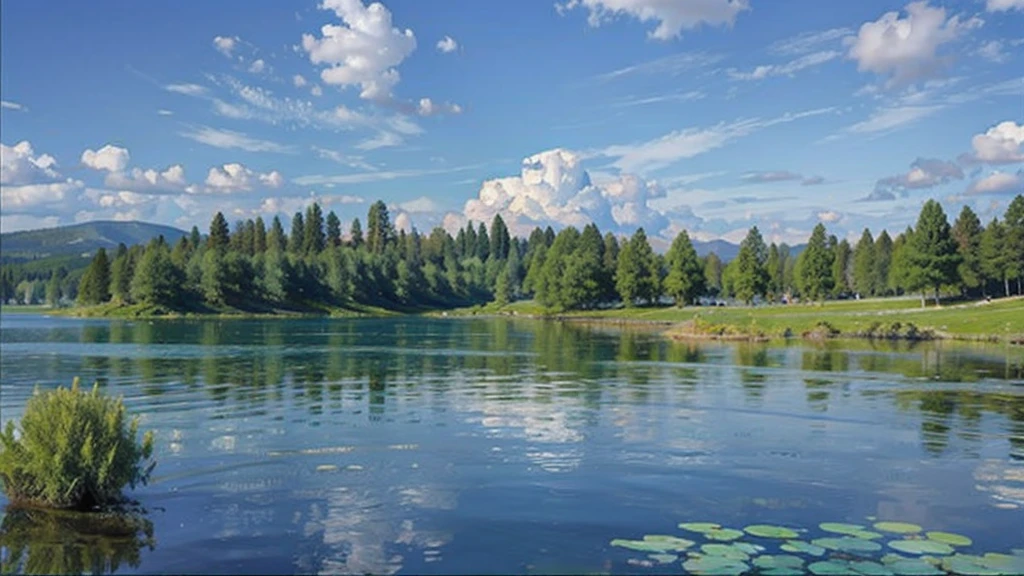 Blue sky,White clouds are like marshmallows,A lake with crystal clear water,There are fish in the lake,Lakeside trees,Birds on the tree。Close shot