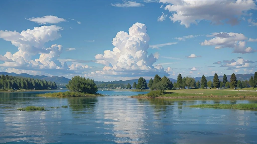 Blue sky，White clouds are like marshmallows，A lake with crystal clear water，There are fish in the lake，Lakeside trees，Birds on the tree。Close shot