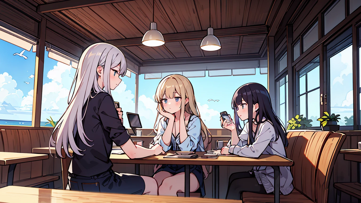 (masterpiece, best quality),Two women with different faces and hairstyles, different hair colors, different faces, long hair, letterboxed, perfection of fashion,chapped lips, casual attire, whole body, from the side,At a cafe with a night view of Paris outside the floor-to-ceiling window, study at the table, My eyes are focused on the notes,laptop, together, stylish outfit,