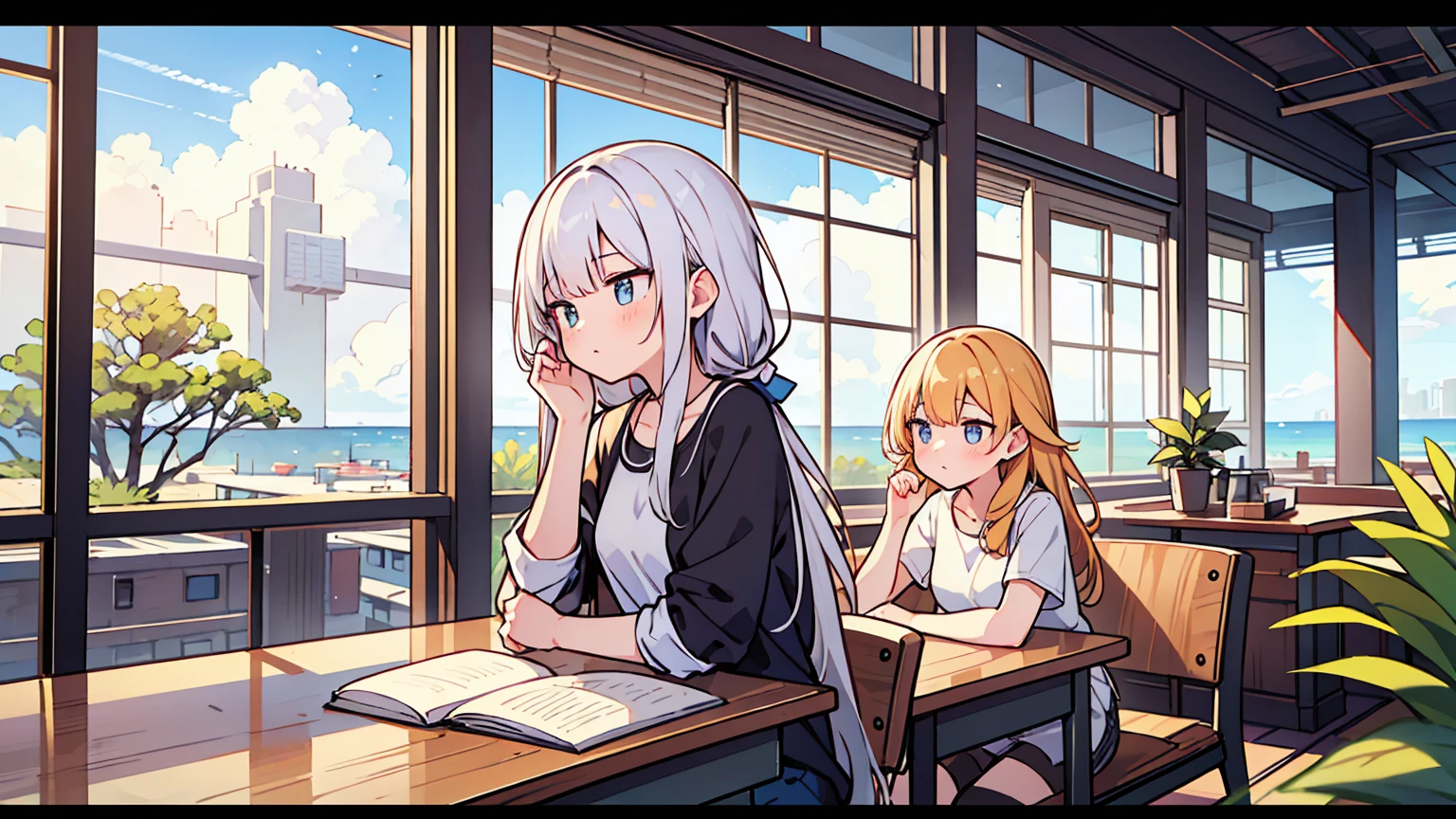 (masterpiece, best quality),Two women with different faces and hairstyles, different hair colors, different faces, long hair, letterboxed, perfection of fashion, casual attire, upper body, from the side,View of the beach outside the floor-to-ceiling window,cloud, at a cafe, study at the table, My eyes are focused on the notes, study together, stylish outfit,