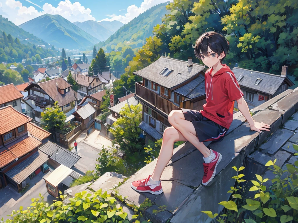 a boy in climbing clothes in a village in Switzerland with his friends