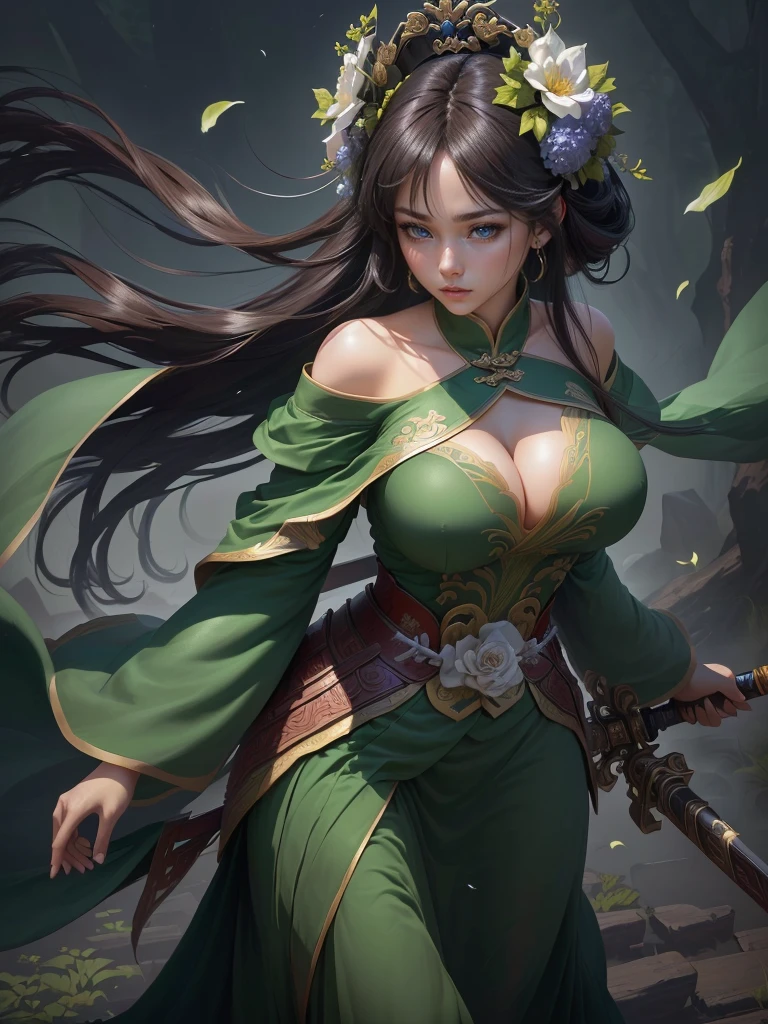 a woman in a green dress holding a sword and a flower, inspired by Li Mei-shu, inspired by Shen Zhou, inspired by Wu Li, inspired by Wu Zuoren, yun ling, inspired by Ju Lian, inspired by Li Tang, full body xianxia, inspired by Qiu Ying, inspired by Lan Ying, xianxia hero, Highly detailed CG unit 8k wallpaper, masterpiece, High resolution, highest quality, highest quality real texture skin, Super Real, Digital Painting, Best image quality, 最High resolution, 8k, ((Highly detailed eyes and face, Beautiful eyes every detail)), 1girl, Full Body Shot, Cleavage, Saggy breasts, Gravity-dependent breasts, long chest, Heavy chest, disproportionate breasts, huge breasts, sagging breasts, gigantic breasts, erect nipple, Off the shoulder,