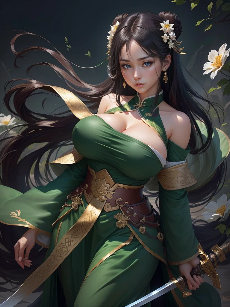 a woman in a green dress holding a sword and a flower, inspired by Li Mei-shu, inspired by Shen Zhou, inspired by Wu Li, inspired by Wu Zuoren, yun ling, inspired by Ju Lian, inspired by Li Tang, full body xianxia, inspired by Qiu Ying, inspired by Lan Ying, xianxia hero, Highly detailed CG unit 8k wallpaper, masterpiece, High resolution, highest quality, highest quality real texture skin, Super Real, Digital Painting, Best image quality, 最High resolution, 8k, ((Highly detailed eyes and face, Beautiful eyes every detail)), 1girl, Full Body Shot, Cleavage, Saggy breasts, Gravity-dependent breasts, long chest, Heavy chest, disproportionate breasts, huge breasts, sagging breasts, gigantic breasts, erect nipple, Off the shoulder,