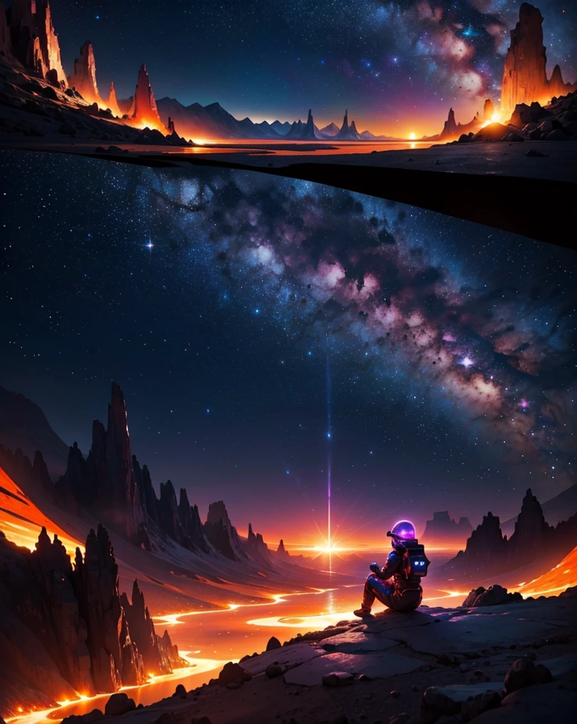 Create a panoramic painting of a night landscape on Mars. The sky is filled with bright stars and vibrant nebulas in colors like blues, purples, and pinks, intertwining in a cosmic spectacle. In the background, strange-shaped mountains rise, with jagged peaks that reflect the starlight softly.

In the foreground, depict rocks and stones in unusual colors, with textures resembling crystal and shiny metals. Add a river of lava flowing slowly, illuminating the landscape with an orange glow. Include alien plants with luminous leaves and whimsical shapes, contrasting with the red, dusty Martian ground.

To add a touch of fantasy, incorporate flying creatures with iridescent wings soaring through the starry sky. Include an astronaut in a contemplative pose, gazing at the horizon, wearing a shiny spacesuit that reflects the colors of the landscape. The atmosphere should evoke a sense of wonder and mystery, transporting the viewer to an imaginary world."