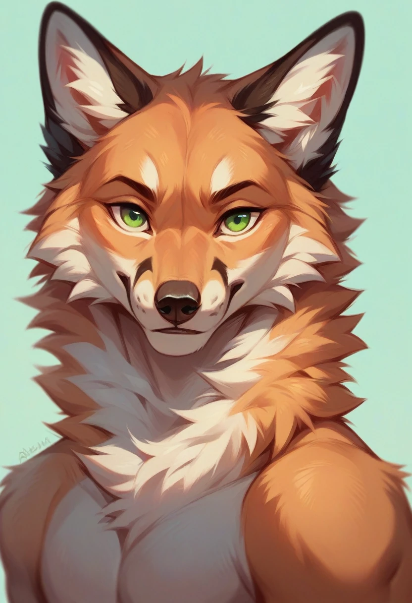 fluffy fox with ash fur, green eyes, portrait