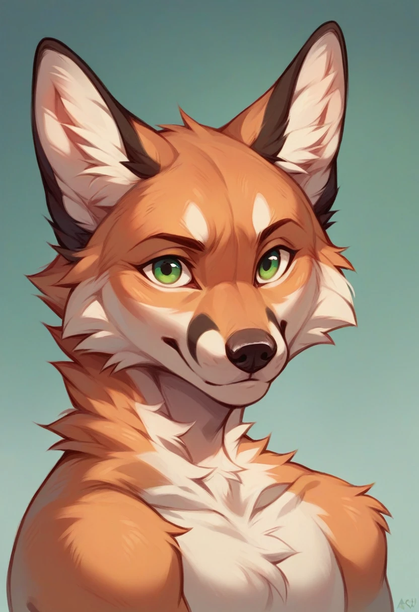 fluffy fox with ash fur, green eyes, portrait