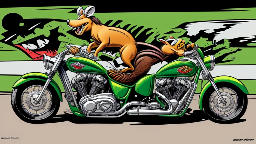 cartoon of a rat riding a motorcycle, by Ed Roth, rat fink style, ratfink, frank kozik