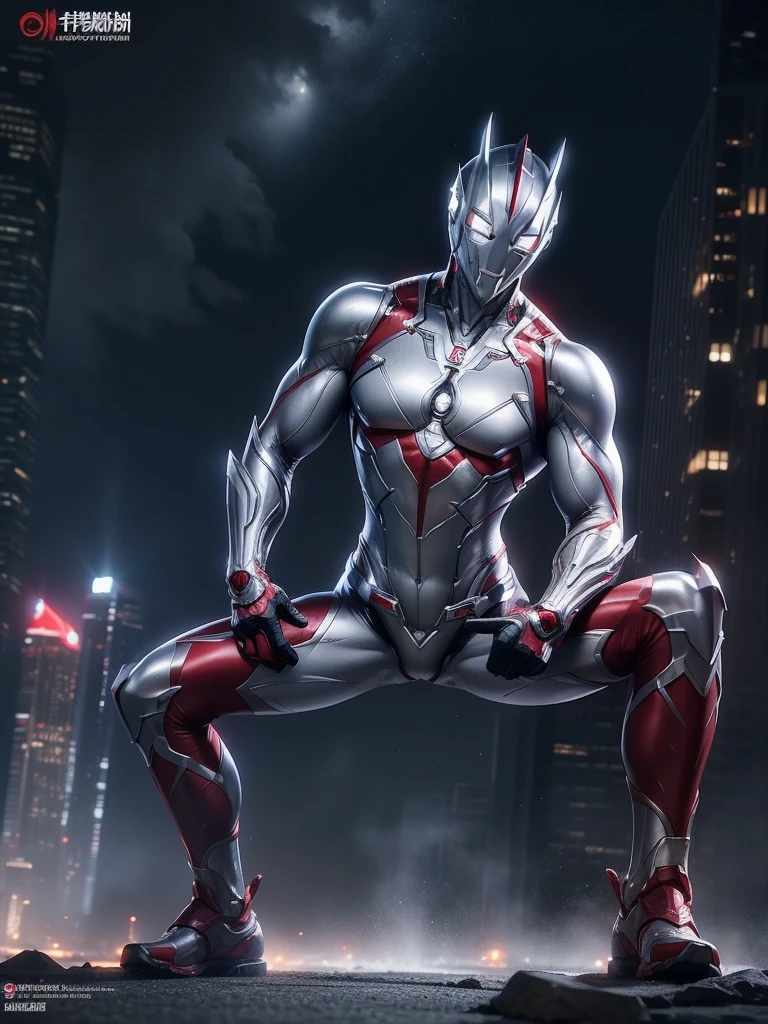 （masterpiece、8k、Ultra-delicate、hight resolution），(((Female Ultraman))),medium breasts，(((No muscleedium Boob)))，(His head is tapering,The body is made of red and silver，The arms present a streamlined design，On the chest there is a round calculator，Looks tall and thin，The overall shape is streamlined、modern)，(standing athletic pose)，posed for photo，high-angle，nigth，city ruins，backgroung details，（（（full body Esbian））），solo，(((Huge feeling))),NSFW,cameltoe,Dynamic Pose,from below,groin focus,the morning sun,(Erect clitoris:1.3),(Squatting:1.2),spread legs,(Open pussy:1.1),((wet pussy:1.1)),(long silver hair:1.1),red blush,smile、Attaching a cloak,(cum on face:1.2)