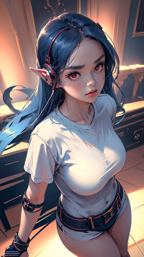 elf, red cheeks, detailed details (face, red eyes, eyebrows, eyelashes) , fighting pause, official art, masterpiece, highest quality, portrait photo of one girl, -yeld gi wearing a fight girl(white transparent T-shirt, ) 8k, blue hair( short ), high resolution, ( butt:1.2)(headphones:1.2), (excellent rendering, stands out in its class), (great detail, good lighting, wide angle), breasts (0.5), plump thighs, absolute area, detailed background,