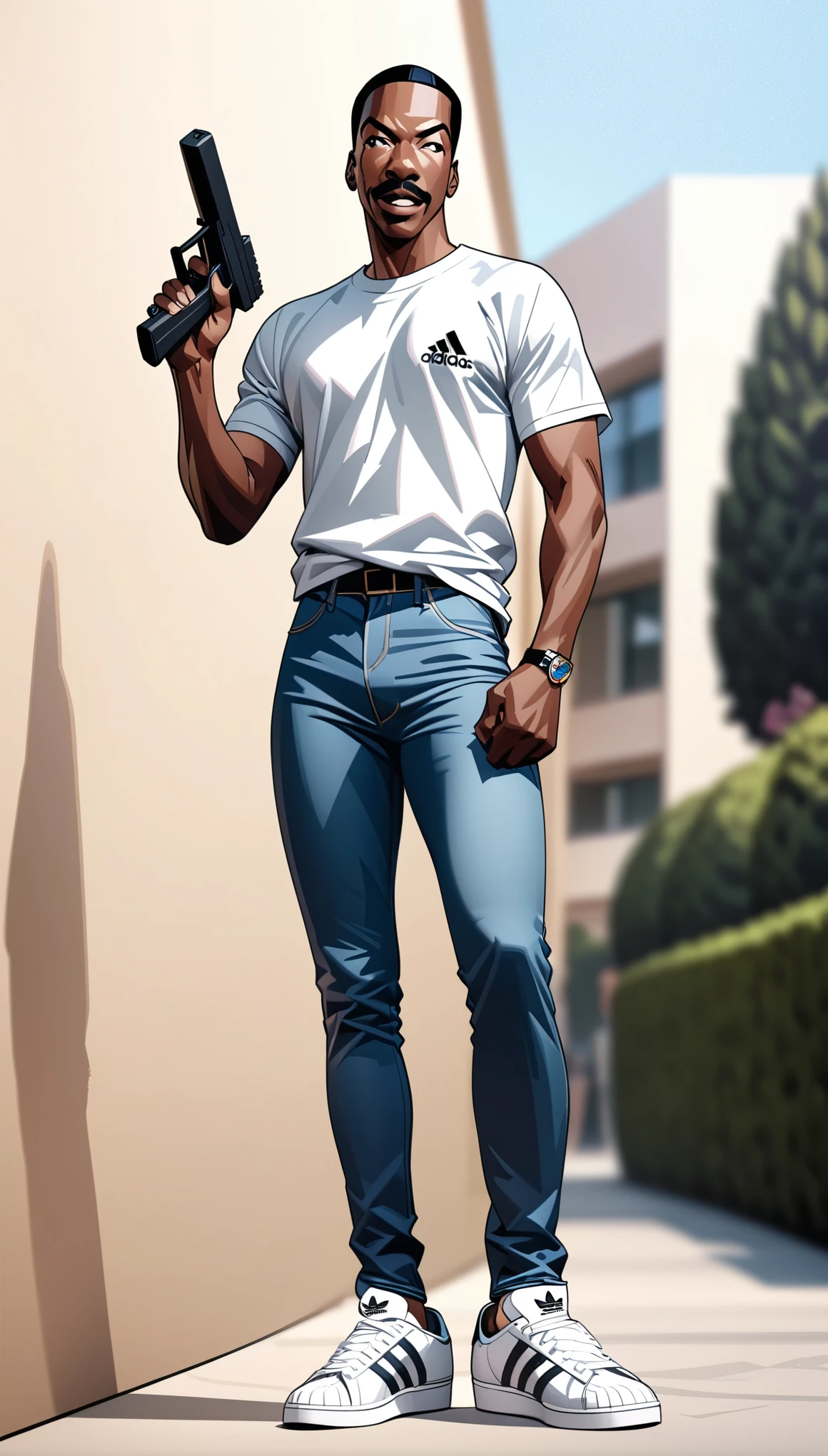 (masterpiece),(Highest quality),(High resolution),(Very detailed),8k,wallpaper,An illustration,One Man,Black,(((Eddie Murphy style))),whole body,Plain white T-shirt,jeans,Adidas sneakers,(((pistol))),Pistol,(The background is Beverly Hills),(((Background Blur))),Beverly Hills Cop Style