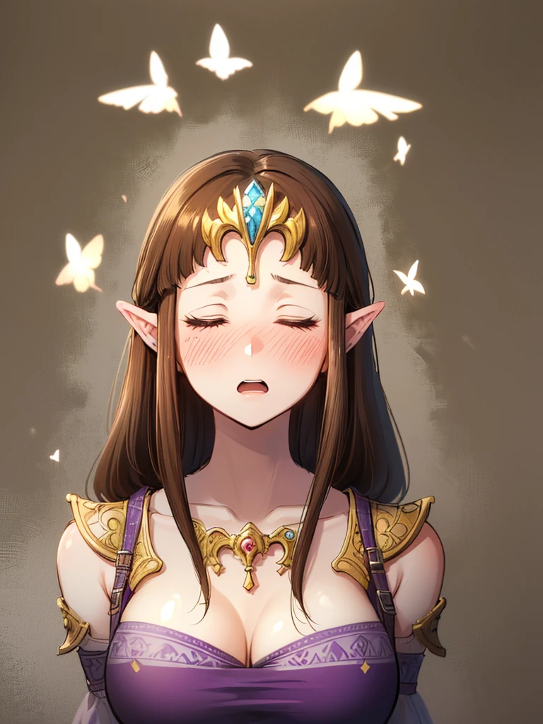 ((((Very beautiful mature woman)))),((surprised),((Scared)),((Close your eyes)),((((Exposed shoulders)))),(((look up))),,(((The front hair is straight)),,(((Long Hair)))),((Big Breasts)),((((Exposed shoulders)))),((front)),Princess Zelda, ((Highest quality)),,(Very detailed) ,,((Purple blouse)),Brown Hair,((Embarrassed look)),blush, ((Highest quality)), (Very detailed), ,(((Dark brown hair))),Nintendo, (Straight hair), face,blush,((alone)), ((Highest quality)), (Very detailed), ,