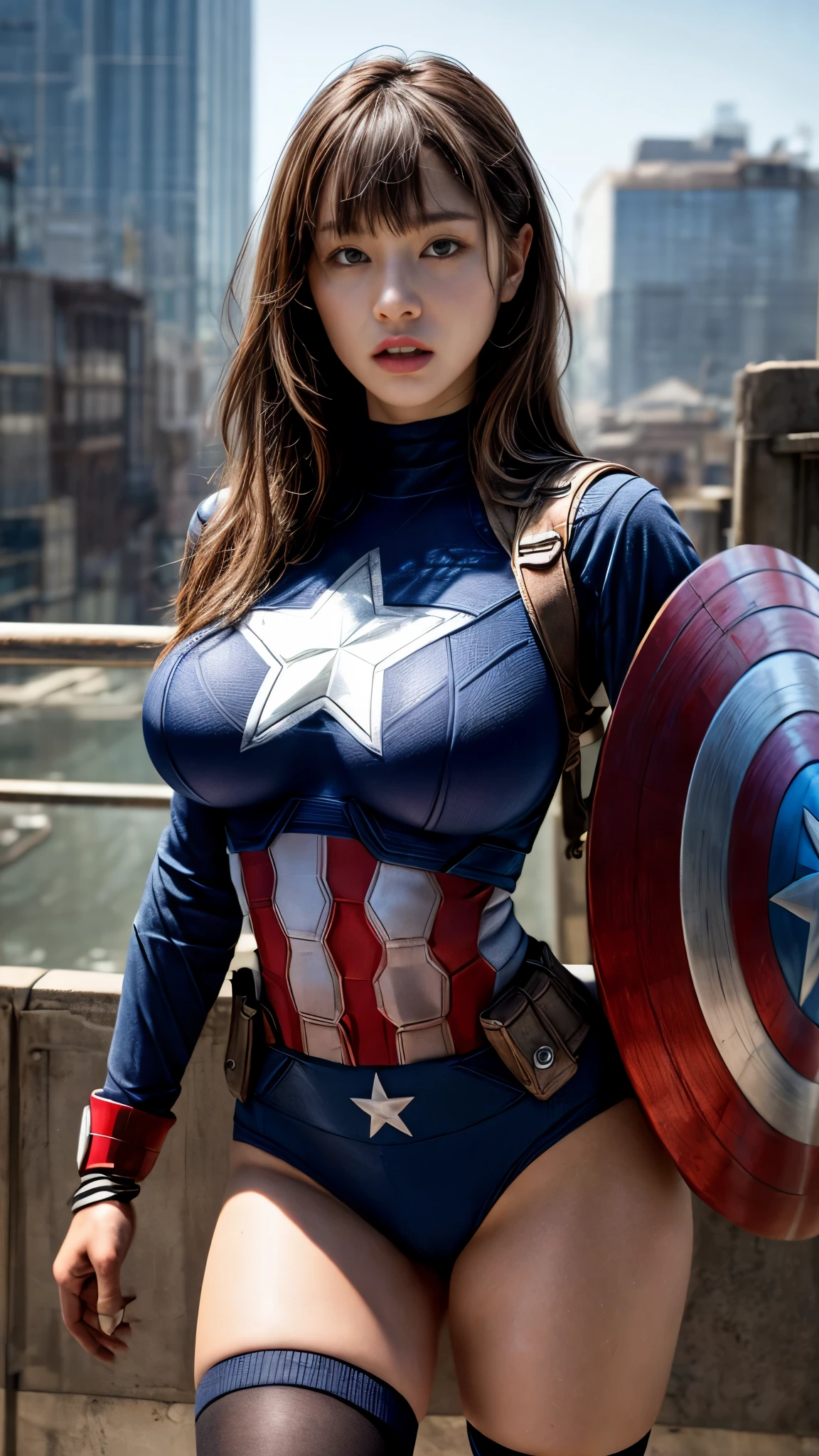 ((Cowboy Shot))、Mature Woman、(masterpiece, Highest quality), Complex and detailed, 8k,1 girl,((Blunt bangs))、Black Hair,((captain america suit)),Skyscraper, city, building,street,(Detailed RAW photos of girls),(Highest quality:1.6), (Ultra-high resolution:1.5), (Realistic:1.75), 8k、Very detailed,Cinema Lighting、(((Super big breasts:1.2)))、Spread your legs、((The abdomen is visible))、((Knee-high socks))、Browsing Caution:0.5