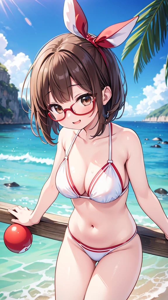 Comical movement、nichijo style、fun、smile、mischief、Expectations、surprise、Shyness、Ocean、blue sky、Daytime、pretty girl , Shooting from below, One Girl, Brown Hair、Very short hairstyle, Brown eyes、Red frame glasses、White Bikini,Highest quality, 4K, 8k, High resolution, masterpiece:1.2, Very detailed, Realistic, photoRealistic, photo-Realistic:1.37, High resolution, 超High resolution, Studio Lighting, Ultra-fine painting, Sharp focus, Physically Based Rendering, Very detailed説明, Professional, Vibrant colors, Bokeh