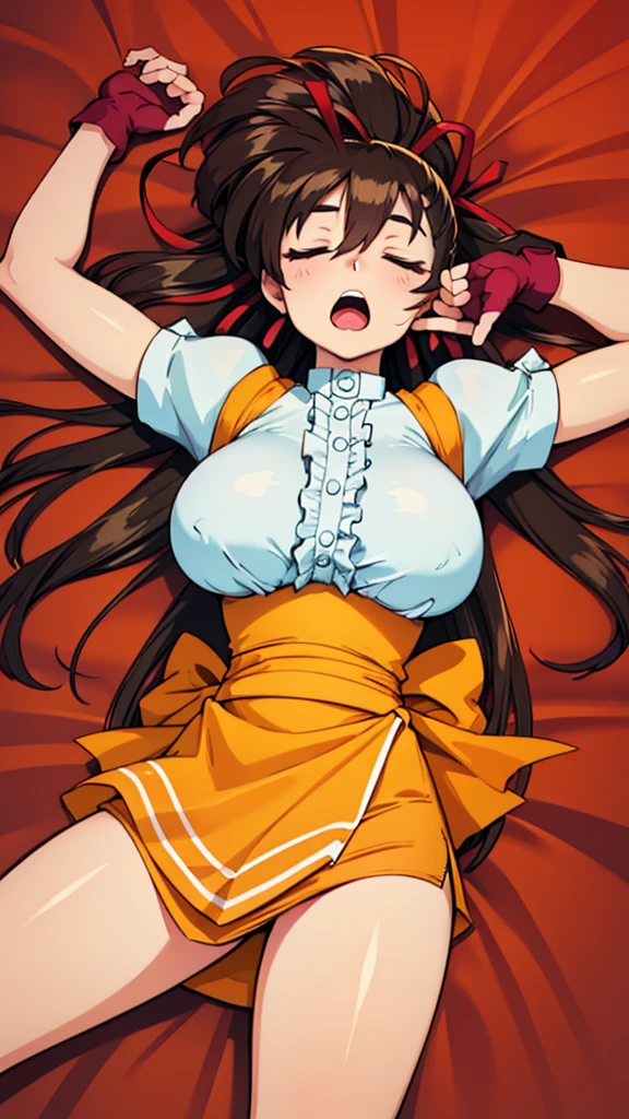 Highest quality，masterpiece，Lying down，sleep，(レスリングのリングにLying down, WWE Divas，Wrestling Arena，Wrestling ring background, Boxing ring background), 仰向けにsleep, Lack of stamina, Ryona, Hitting a girl, death is near，タケユカ 超ロングヘア ヘアribbon, Frilled shirt, Underbust, ribbon, Fingerless gloves, White gloves, Waist apron, Orange Skirt, socks, Toeless legwear，winner, Nice, winner, (Moaning , Open your mouth), ((, 仰向けにsleep, 地面にsleep, lose consciousness, Unconscious, )), , ( Tilt your head),