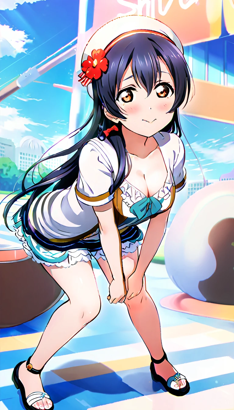 18-year-old mature woman, Umi Sonoda, full body, dressed for going out in the city in midsummer, hands on knees, leaning forward and looking up at the viewer, slightly flushed cheeks, , cleavage visible, id_umi_sonoda, city background, 8k