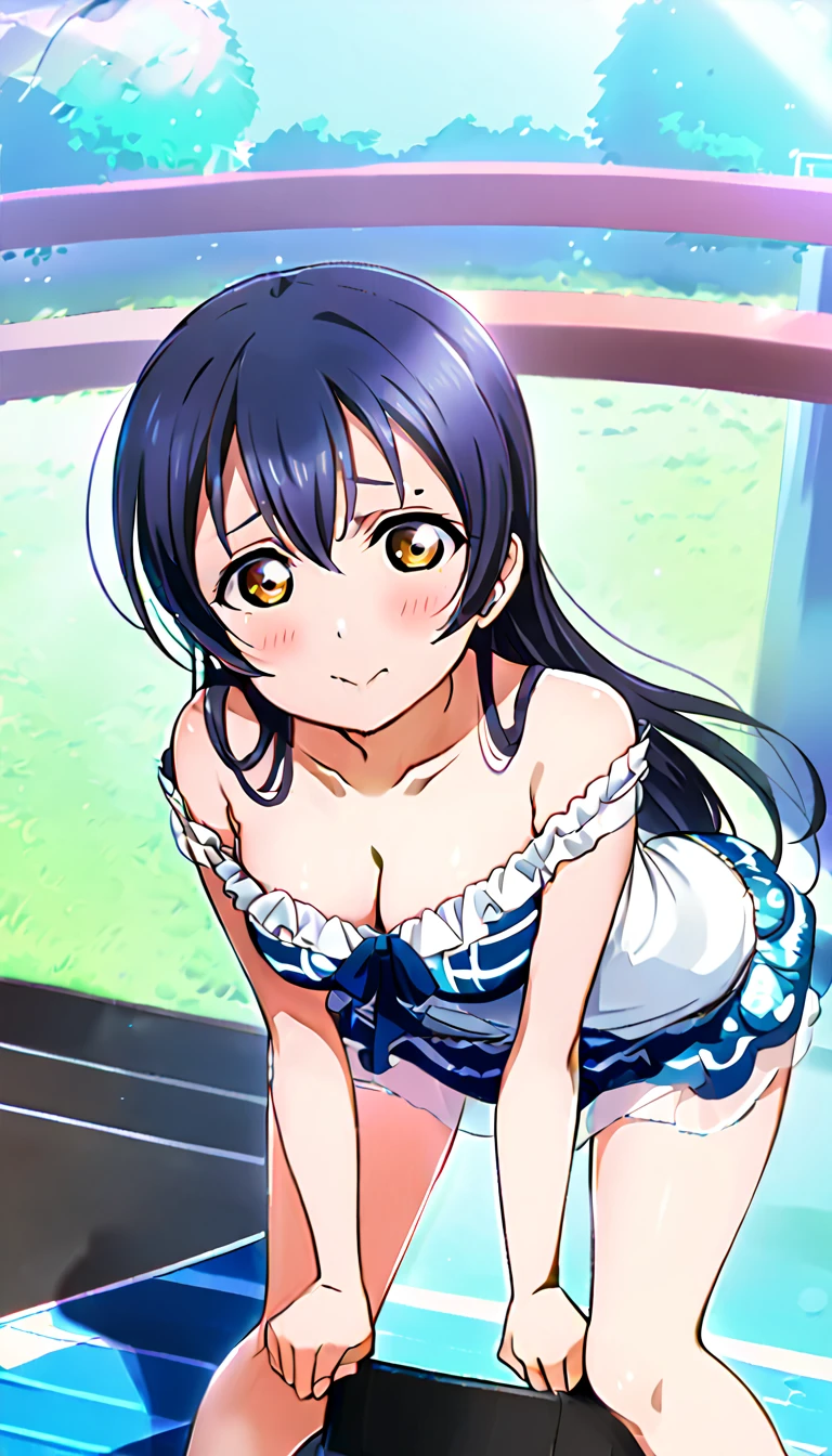 18-year-old mature woman, Umi Sonoda, full body, dressed for going out in the city in midsummer, hands on knees, leaning forward and looking up at the viewer, slightly flushed cheeks, , cleavage visible, id_umi_sonoda, city background, 8k