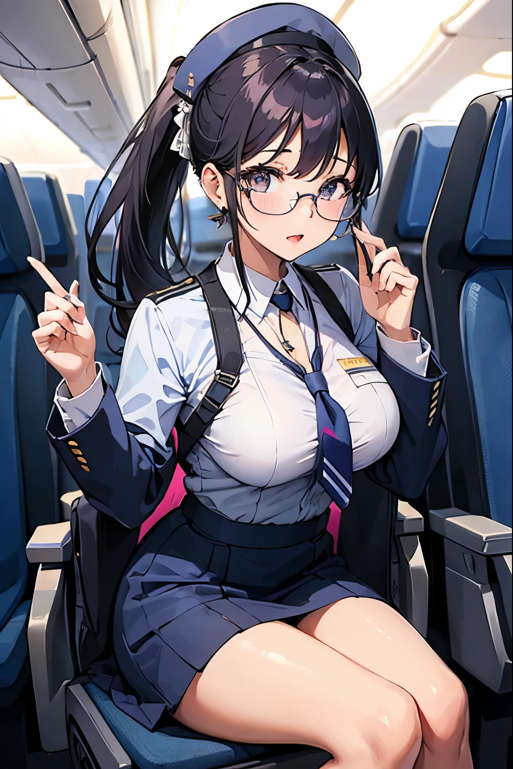 ANAFlight attendant、Stewardess Uniform、Beauty、Inside the plane、Adorable expression、Sexy、Large breasts、ponytail、Stewardess Hat、Put your hands down、tie、necklace、Earrings、passenger、Glasses