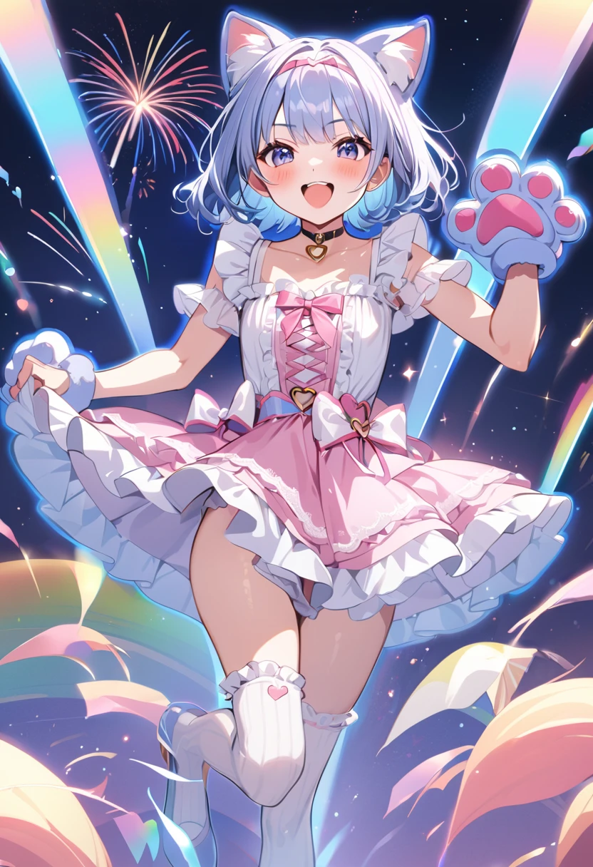 (masterpiece, best quality:1.1),(1girl,japanese,tween,cat-ear headband,((Paw shaped Gloves)),detailed paw gloves,claw pose,BREAK (darkblue hair,wavy-short hair),parallel eyebrows,eyes with large irises, fresh lips, very happy, BREAK (walking on rainbow over the night sky), rainbow and fireworks art, various fireworks and rainbow symbols, (blue outline), fantasy, BREAK (wearing pink babydoll fashion,heart belt choker blouse,ruffle skirt,millefeuille lace high-socks,pumps),