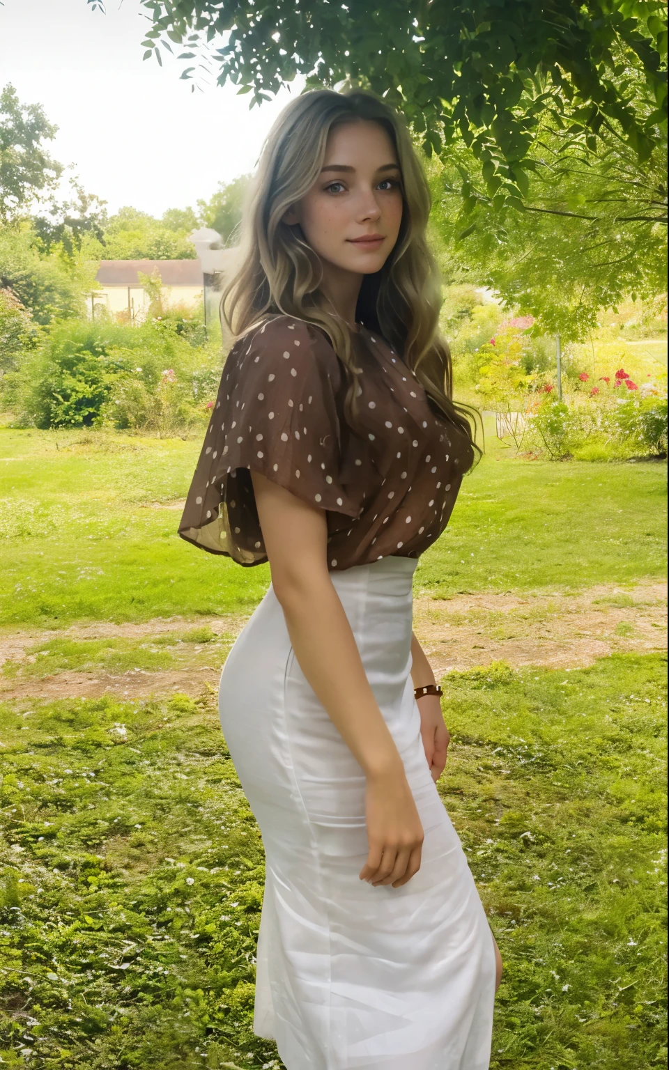 a one woman, americana, age 25, pale skin and freckles, grey-eyed, delicate nose, soft and delicate lips, distant, distant, wavy, waist-length blonde hair, Sweet smile, face with delicate feminine facial features, Highly Rendering, golden bracelet