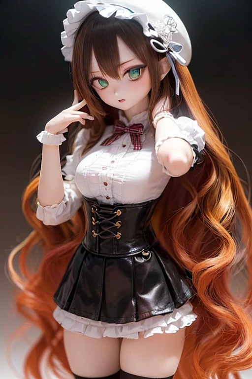 (SFW:2), photorealistic, realistic photo, 8k, ((highest quality)), ((masterpiece)), (extremely detailed), kukolnydom, doll, (mature woman, 22yo, 22 years old, solo:1.6), ((cowboy shot, dynamic pose, slim, slender, skinny, medium breasts, bowler hat, frilled shirt, puffy sleeves, corset, tiered pannier skirt, thigh-high socks)), (green eyes, brown hair, long hair, plastic skin, looking at another, glass eyes, gradient eyes, shining eyes, detailed eyes:1.3)