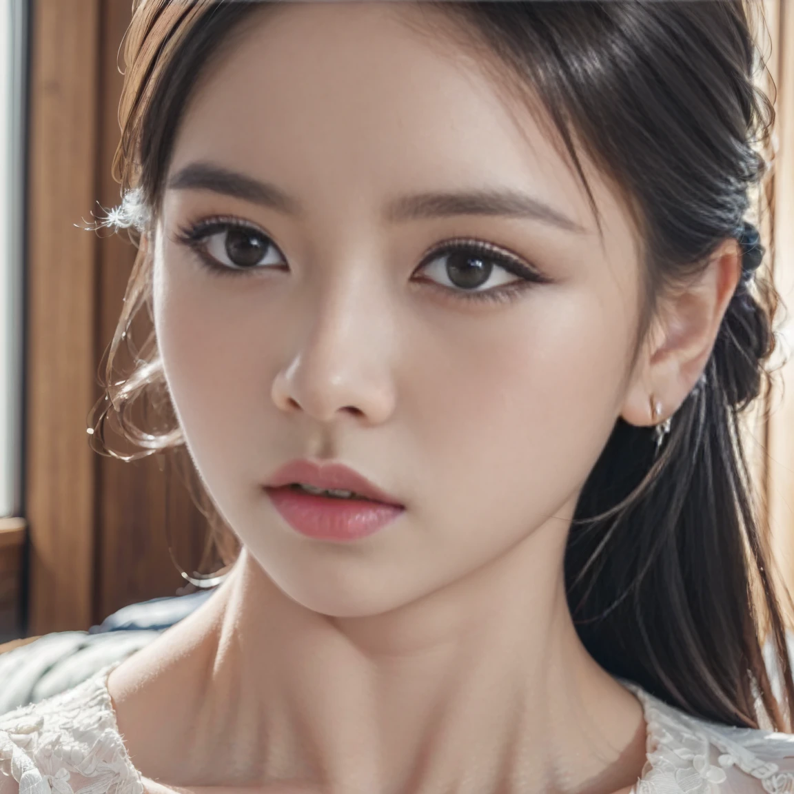 1girl, standing in Japanese style living room, 4'10" stature,  small and delicate figure, small  perky breasts, long black hair in half updo, cute pouty face, wearing a cropped sweater, ripped skinny jeans, large black-rimmed glasses, full body portrait, living room view, barefoot, (best quality, 4k, 8k, highres, masterpiece:1.2), ultra-detailed, (realistic,photorealistic, photo-realistic:1.37), detailed eyes, detailed lips, detailed eyes, extremely detailed face and features, long eyelashes, natural lighting, warm color tone, soft focus, cinematic composition
