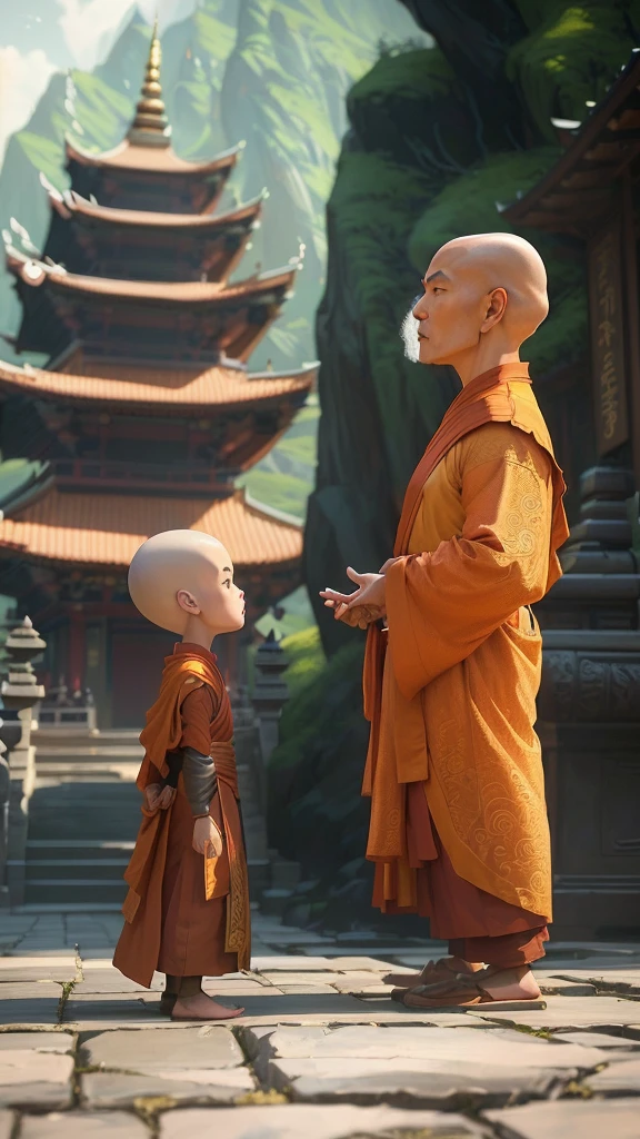 buddhist monk and in front of pagoda in animated scene, The Last Airbender, Fantasy Stills, install, avatar The Last Airbender, Edgar Maxence 和 Ross Tran, cartoon, avatar color static, fisting monk, 4k posts, 4k posts, monk, Ross Tran and Michael Whelan
